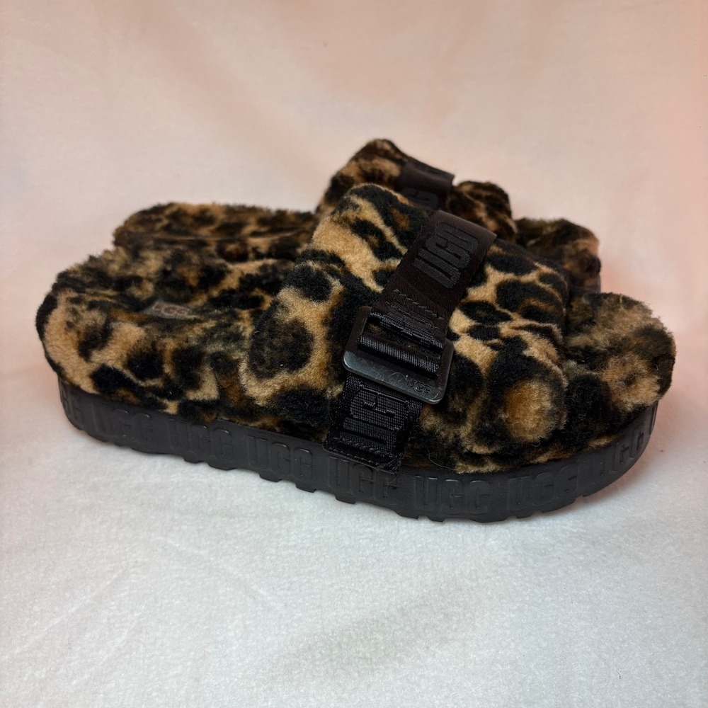UGG Fluffita Panther Print Leopard Platform Slides Sandals Brown Black 1120903